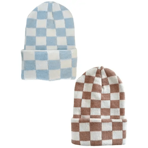 2-Pack Baby's First Hat®, Tan/Baby Blue & Warm White Checkerboard