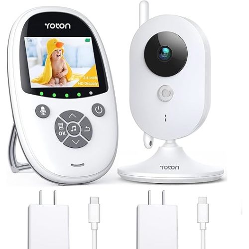 YOTON Baby Camera Monitor, Baby Monitor with Camera Night Vision, No WiFi, 1.8m USB-C Charging Cable, 2.4" Screen, 2-Way Talk, Feeding Reminder Temperature Sensor and 8 Lullabies
