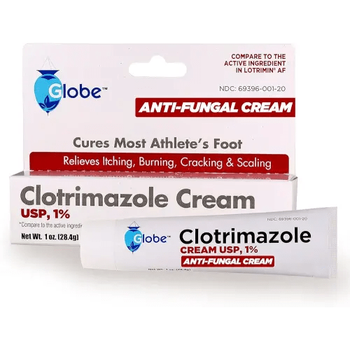 Globe Clotrimazole Antifungal Cream 1% USP (1 oz), Anti Fungal Treatment, Relieves Itching, Burning, Cracking and Scaling Associated Athletes Foot, Jock Itch, Ringworm and More