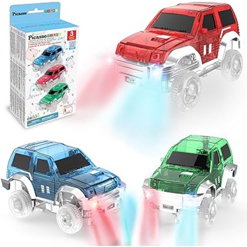 PicassoTiles 3 Magnetic Toy Cars Set Light Up LED Highly Detailed Compatible with Magnet Car Race Track STEM Truck Replacement Accessories Educational Building Kits for Toddlers Boys & Girls Ages 3+