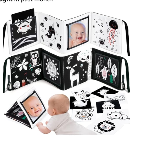 URMYWO Tummy Time Mirror Toys, Visual Stimulation Learning Cards, High Contrast Black and White Baby Toys for Newborn, Soft Baby Book for infant 0-12 Months, Baby Boy Girl Shower Gift Stocking Stuffer