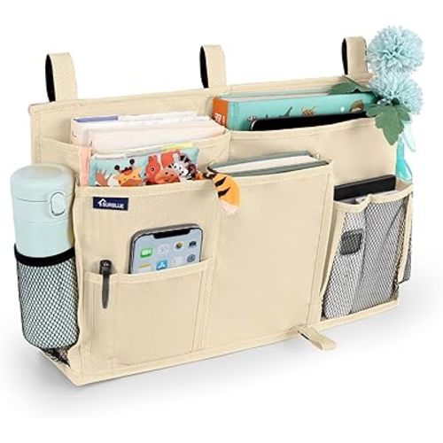 Surblue Bedside Caddy Hanging Organizer Storage Bag Pocket for Bunk, Hospital, College Dorm Rooms, Baby Bed Rails, Camp - 8 Pockets, Large, Beige