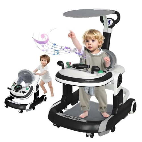 LHUAI 5-in-1 Baby Walker With Bouncer, Removable Footrest, Feeding Tray & Music, Foldable & Adjustable Activity Walker For Boys And Girls, Toddler Infant, Black
