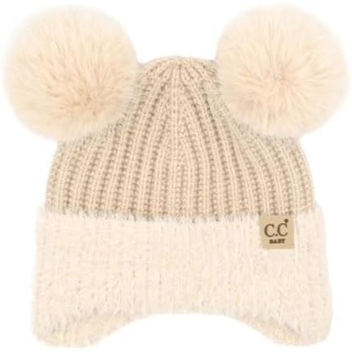 C.C Baby Double Fur Pom Pom Beanie with Ear Flap for Boys Girls - Comfortable Soft Warm Infant Toddler Baby Knit Skully Hat