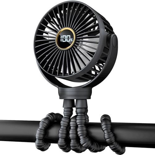 Portable Stroller Mini Fan, Small Rechargeable Personal Fan, Baby Travel Essentials for Wagon, Car Seat, Treadmill, Battery Powered Biking Gear Accessories, 360° Rotation, 3-Speed, Display, Black