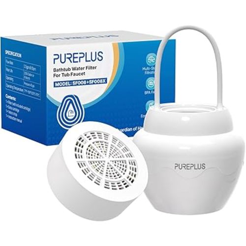 PUREPLUS Bathtub Bath Water Filter for Tub with 1 Extra Replacement Filter,11 Stages Kinder Filter,2500 Gallons Filtration,Remove Contaminants,Softer Skin & Hair,Reduce Chlorine & Heavy Metal,BPA Free