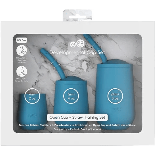 ezpz Developmental Cup Set (Blue) - 100% Silicone - Teaches Babies, Toddlers, and Preschoolers to Drink from an Open Cup and Safely Use a Straw - Designed by a Pediatric Feeding Specialist