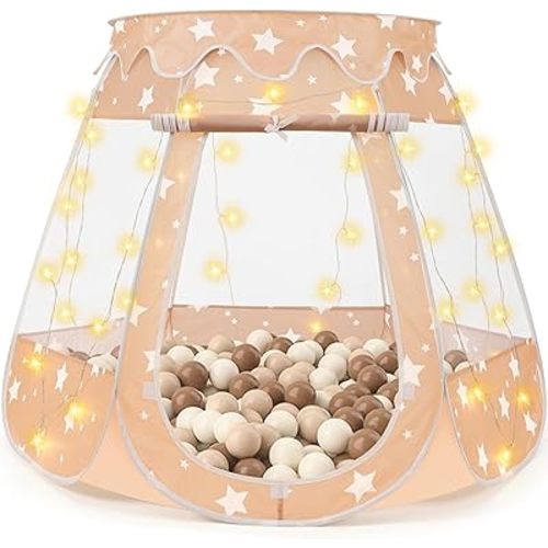 Pop Up Princess Tent with Star Light, Toys for 1 2 3 Year Old Girl Birthday Gift, Ball Pit for 12-18 Months Baby Girl Gifts Toddler Toys, Easy to Pop Up and Assemble(Brown)