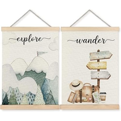 BearCake Jungle Nursery Travel Hanging Wall Decor Art Set of 2, Watercolor Woodland Mountain Hot Air Balloon Car Wall Decor for Baby Toddler Boy Girl Room Nursery Playroom,12x16 Inches Framed