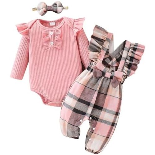 ​Baby Girls 3-Piece Boutique Set, Long Sleeve Ruffle Romper with Fuzzy Plaid Overalls and Matching Headband​