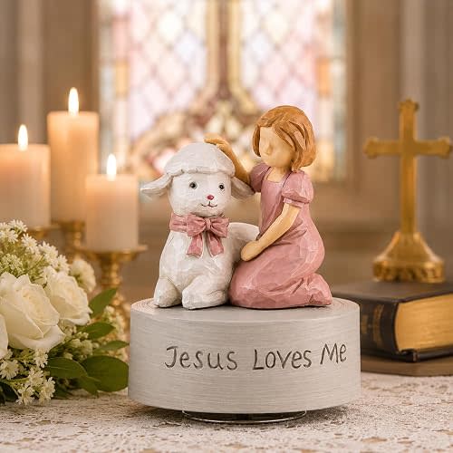 AIDLNS Jesus Loves Me Music Box, Christian Baptism Gift for Girls, Hand-Painted Lamb Figurine, Religious Keepsake for Christening, First Communion, Easter, Christmas, Granddaughter & Goddaughter Gift