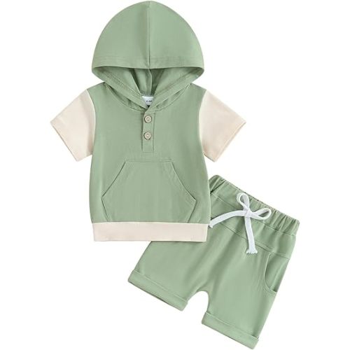 Toddler Baby Boy Summer Hooded Outfit Contrast Color Short Sleeve T Shirt Top Elastic Shorts Summer Clothes Set
