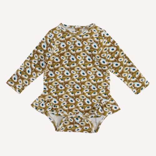 long sleeve ruffle leg bodysuit | blue daisy garden | organic cotton interlock