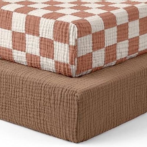 Blissful Diary Muslin Crib Sheets for Girl Boy, Boho Neutral Soft Cotton Baby Sheet for 52''x28'' Standard Crib Mattress, 2 Pack(Brown Checkboard & Brown)