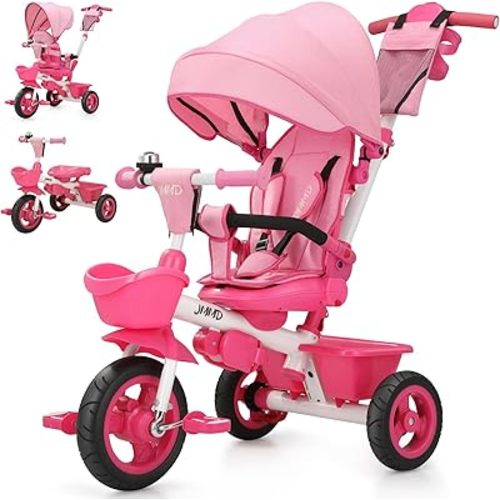 JMMD 7 in 1 Tricycle Stroller with Push Handle, Baby Trike with 360° Swivel Seat, Reclining Backrest, All-Terrain Wheels, Dual Brakes, Canopy & Storage, Gift for Kids 18 Months to 5 Years, Pink