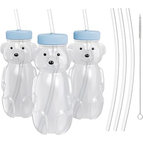 3Pcs Honey Bear Straw Cups, 8oz Cute Juice Bear Water Bottle Drinking Sippy Cup Long Straws with 6 Straws & Cleaning Tools, Squeezable Drink Container (Blue)