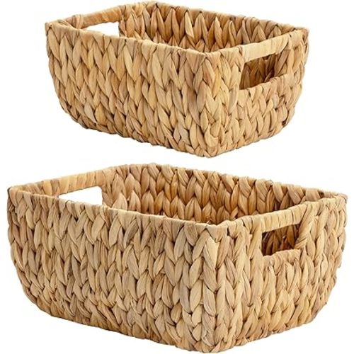 StorageWorks Wicker Baskets for Organizing, Handwoven Storage Basket with Built-in Handles, Water Hyacinth Organizer for Home Decor, Set of 2