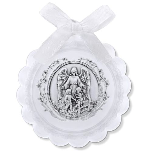 Kenning White Crib Medal Catholic with Guardian Angel Acrylic White Ribbon Round Religious Crib Medal for Baby Boys Girls Ornament Nursery Baptism Christening Gift, 3.4 Inch