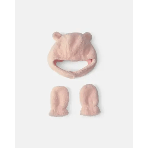 Baby Girl Bear Teddy Fleece Hat & Mitten Set - Pink | Carter's