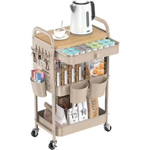 ALVOROG 3 Tier Metal Rolling Cart with Drawer,Wood Top,Pegboards,Khaki