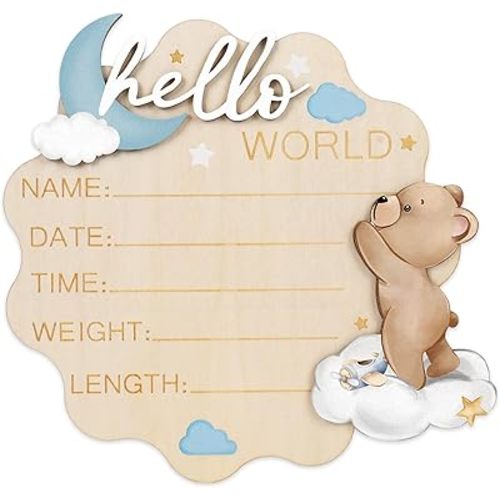 FYSUIMU Bear Theme Birth Announcement Sign Hello World Newborn Sign Cute Blue Bear Newborn Milestone Wooden Board for First Birthday Baby Shower Photo Prop Keepsake