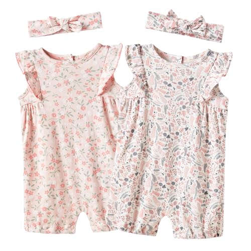 Minicoco Baby Girls Ruffled Sleeve Rompers Toddler Girls Jumpsuits One-Piece Cotton Outfits
