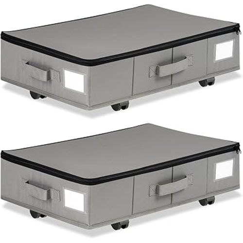Under Bed Storage with Wheels, 2 Pack Under Bed Storage Containers with Label Holders for Clothes, Shoes and Blankets, Rolling Underbed Shoe Organizer with Cover, Grey (23.6 x 15.7 x 7.28 in)