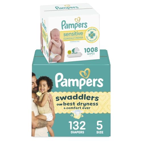 Pampers Swaddlers Disposable Baby Diapers Size 5, 132 Count with Sensitive Water Based Baby Wipes 12 Flip-Top Packs (1008 Wipes Total)