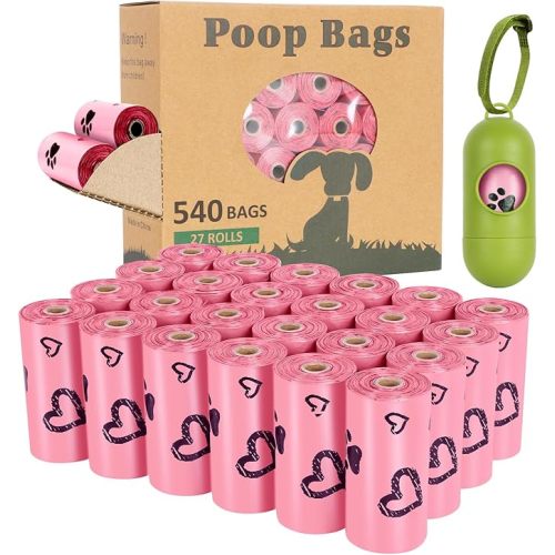 Dog Poop Bag Rolls Pink: 540 Count Dog Waste Bags with Dispenser, Extra Thick Strong Leak proof Poop Bags for Dogs Doggy | Unscented