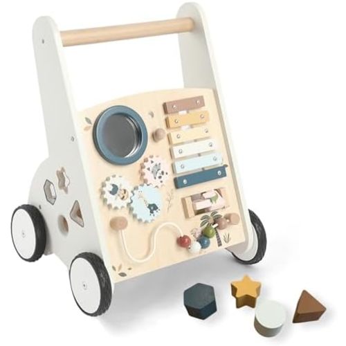Freniland Wooden Baby Walker，Baby Walker with Wheels for Toddlers 18M+，Montessori Toys with Bead Maze, Xylophone and Storage for Boy and Girl