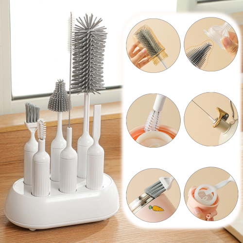 BUTOMKY 6-in-1 Baby Bottle & Water Bottle Cleaning Kit -Silicone Brush Set with Nipple Brush, Straw Cleaner, Drying Base,Water Bottle/Cup Cleaner for Home & Travel