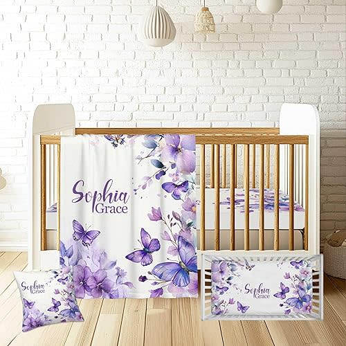 Custom Baby Crib Bedding Sets, 3 Piece Butterfly Purple Personalized Name Baby Bedding Set, Soft Blanket, Fitted Sheet, Pillowcase for Infant Newborn Nursery Bedding Gift for Girls