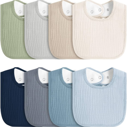8-Pack Baby Muslin Bibs, Soft Cotton Drool Bibs for Boys Girls, Adjustable and Absorbent Newborn Bib Set for Feeding and Drooling