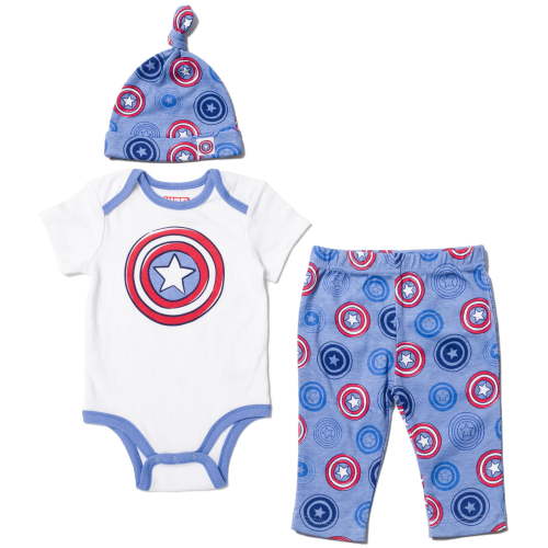 Marvel Avengers Captain America Newborn Baby Boys Bodysuit Pants and Hat 3 Piece Outfit Set Newborn to Infant