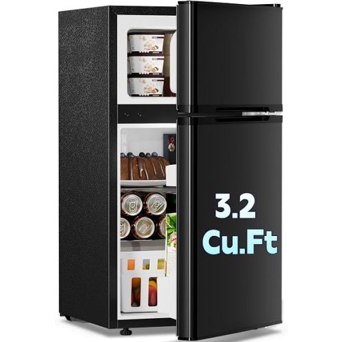 Kismile Mini Fridge with Freezer, 3.2 Cu.Ft 2 Door Refrigerator, Black