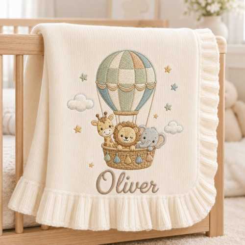 Personalized Knitted Baby Blanket, Embroidered Hot Air Balloon, Safari Animal Design, Custom Name Newborn Gift, Nursery Decor Keepsake