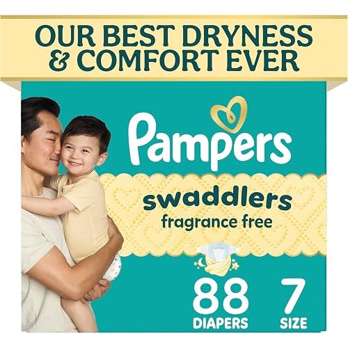 Pampers Swaddlers Diapers, Size 7 (26-50 lbs), 88 Count, Absorbent, Keeps Baby Dry and Comfortable, Skin Safe Disposable Baby Diaper (Packaging May Vary)