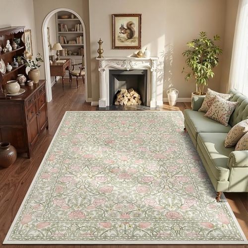 GarveeHome Pink and Green Vintage Floral Washable Rugs 6x9 for Living Room Boho Retro Botanical Rug Low Pile Stain Resistance Non Slip Carpet for Bedroom Nursery Dining Room