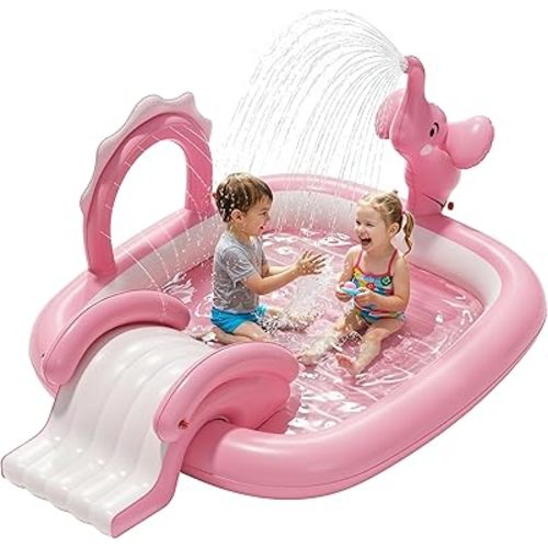 QPAU Elephant Kids Pool with Slide and Sprinkler, Inflatable Play Center with 4 Rings, 72 × 64 × 37 in, Fast Inflation Kiddie Pool for Garden & Backyard, Birthday Gift for Ages 1+ (Pink)