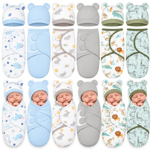Ramede 6 Pack Baby Swaddle Blankets with Hats,Whale,Blue and Green | Soft Cotton Wrap for Newborn Boys 0-3 Months, Adjustable Breathable Sleep Sack Set, Skin-comfortable Receiving Blanket