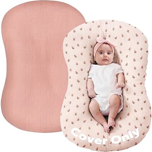FUNUPUP Muslin Baby Lounger Cover Only Compatible with Snuggle Me Lounger, Infant Lounger Pillow Cover for Newborn, Removable Newborn Lounger Cover for Boys and Girls, Only Cover, Pink&Pink Flower