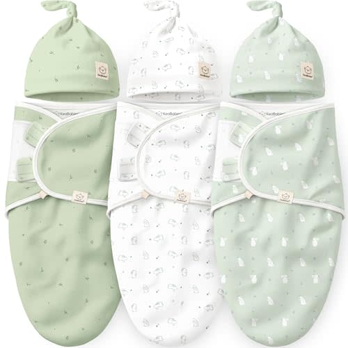 KeaBabies 3-Pack Swaddles for Newborns, Girls, Boys with Hats - Organic Soft Baby Sleep Sacks, Breathable Baby Swaddle 3-6 Months Beanies Set, Premie Infant Sleep Sack 0-3 Months (Bunnies)
