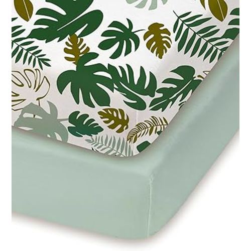 Pack and Play Sheets Fitted, Ultra Soft Mini Crib Sheets Boy Girl, Monstera&Green, Hypoallergenic and Soothing, Premium Jersey Pack N Play Mattress Sheets, 2 Pack