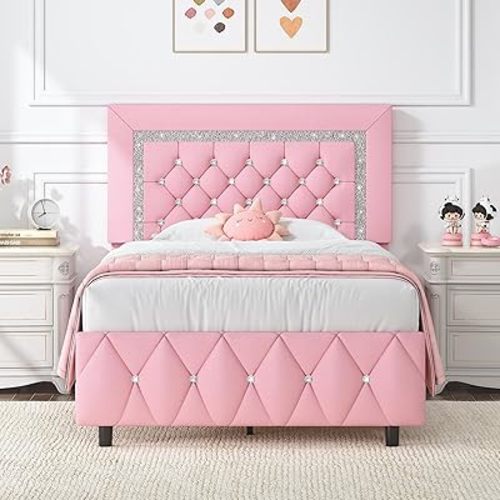 HOMBCK Twin Bed Frame with Diamond Headboard, Faux Leather Upholstered Platform Bed, Mattress Foundation, No Box Spring Needed, Easy Assembly, Pink