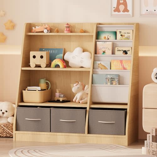 NACHES Kids Bookshelf and Toy Storage Organizer, Montessori Nursery Book Shelves with Sling Rack & Fabric Toy Bins, Children Toddler Baby Bookcase, Wooden Toy Shelf for Kids Room, Playroom, Burlywood