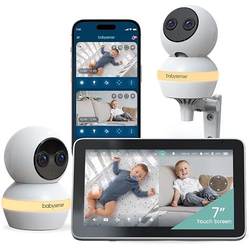 Babysense TOUCH 7" Touchscreen Smart WiFi Baby Monitor with App, Camera and Audio, 2 Cameras with Night Light, 4MP Dual-Lenses with 6X Zoom, AI Auto Tracking, Focus Area, Split-Screen, No Subscription