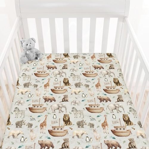 HawSkgFub Noah’s Ark Animal Boat Religious Fitted Standard Crib Sheet for Baby Boy Girl, Elephant Bear Giraffe Rhino Toddler Mattress Cover, Soft Stretchy Nursery Bed Sheets Decor Kids Gift 52" x 28"