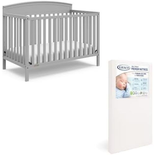 Graco Benton 5 in 1 Convertible Crib with Graco Crib Mattress, Pebble Gray