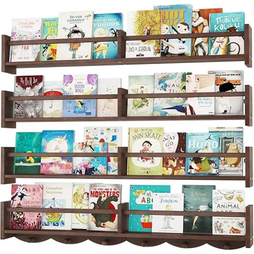 34Inch Nursery Bookshelves,Set of 4,Wall Floating Shelf Kids Coat Rack with 6Hooks,Hanging Book Shelf for Baby Nursery Room Décor (Dark Brown, 34)