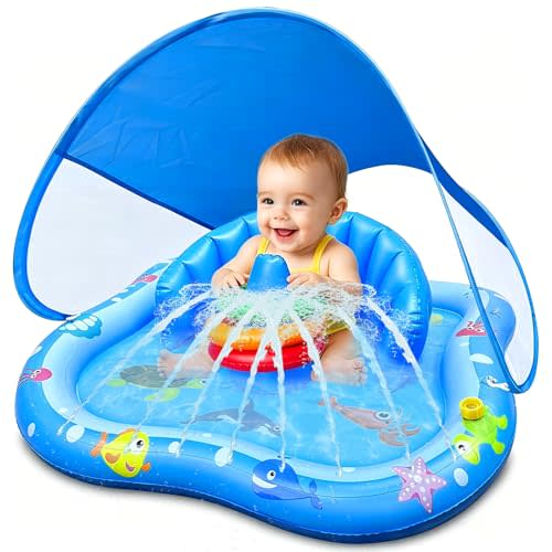 iGeeKid Baby Play Mat with Sprinkler, Inflatable Baby Pool Float with Canopy Backrest & Stackable Rings Water Sprinkler for Kids, Outdoor Water Play Toys for Toddlers Backyard Swimming Water Games